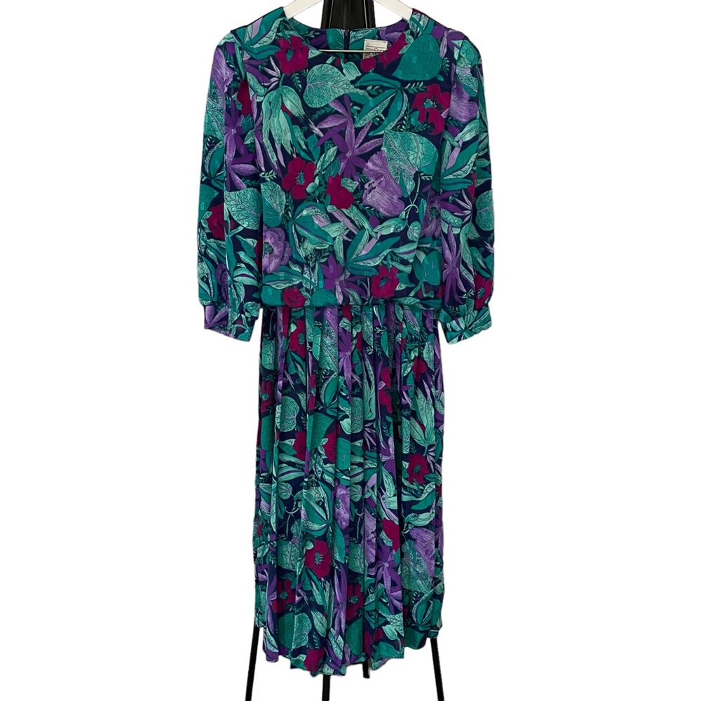 Vintage Shelly Michaels Women’s Floral Print 3/4 Sleeves Pleated Dress Size 12